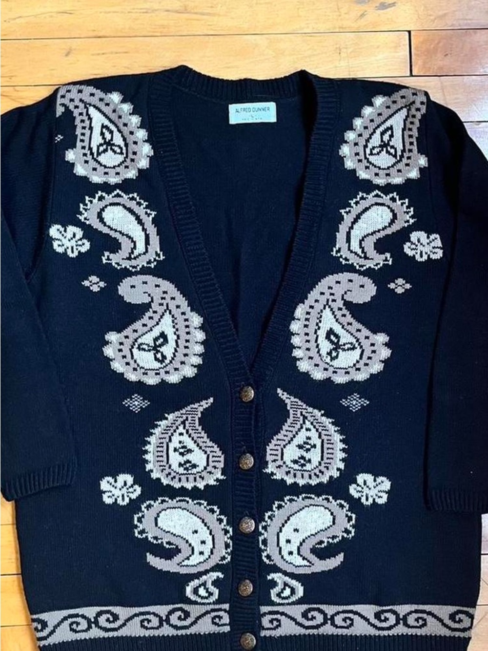 Alfred Dunner Cute n’ Cozy! Navy and Beige Paisley Button-Front Cardigan